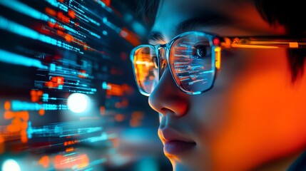 Futuristic profile of a programmer immersed in glowing code, glasses reflecting digital data streams. Cybersecurity expert analyzes complex algorithms in neon-lit environment.