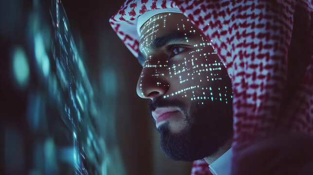 Arab man wearing traditional clothes, focused on a holographic display with data analysis