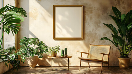 Golden Framed Art in a Minimalist Living Room with Plants