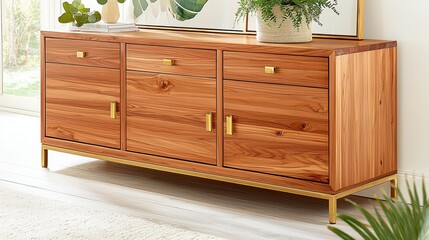 Modern Cherry Wood Sideboard with Brass Accents