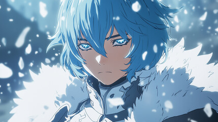 A regal character with icy blue hair and frost-covered armor, summoning ice shards in a blizzard, Anime style