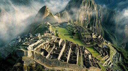 Aerial view of Machu Picchu in Peru, with mist rising from the valleys at sunrise. 