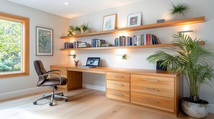 Modern Cherry Wood Shelving Unit with Built-in Lighting
