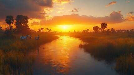 Obraz premium A beautiful sunset over a river in the African savanna, with zebras in the foreground.