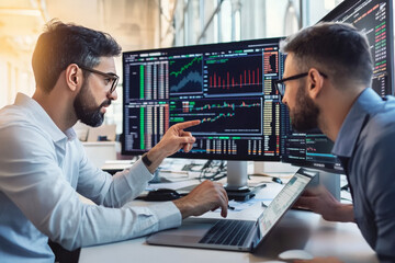 Two businessmen are looking at a computer screen with financial data. They are both wearing glasses and have beards. They are working on a project in an office setting.