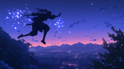 Fototapeta premium A ninja character mid-air, throwing glowing kunai as they flip through the night sky, Anime style