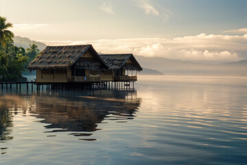 Fototapeta premium Peaceful Overwater Bungalows at Sunrise with Reflections on Calm Tropical Waters