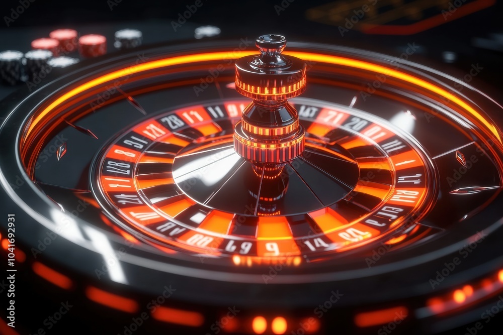 Poster A roulette table showcases vivid neon numbers and a spinning wheel, creating an exciting atmosphere in a lively casino setting. Generative AI