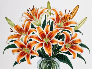 Orange and white tiger lily bouquet hand drawn painted painting illustration on plain white background