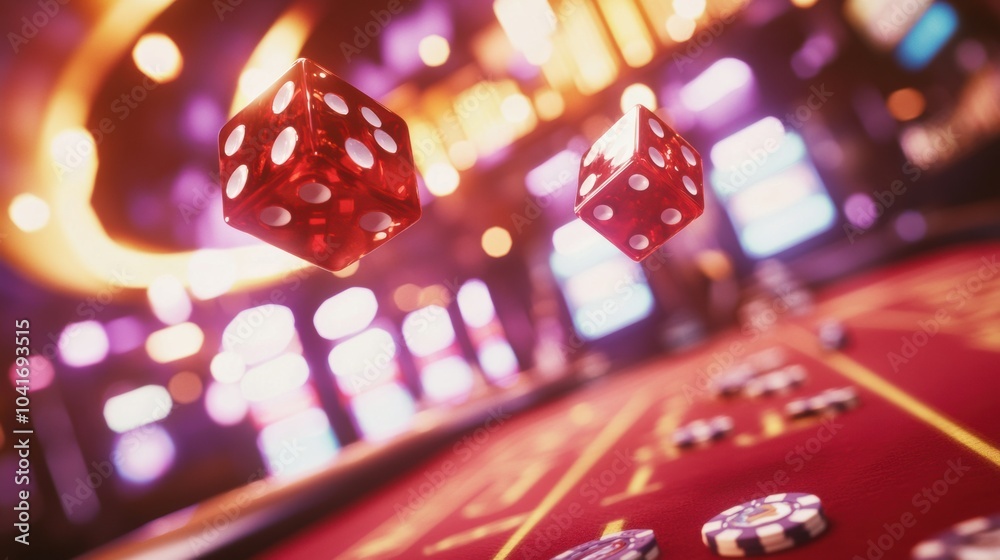 Poster the red dice are airborne, flying over a craps table adorned with scattered poker chips in a lively 