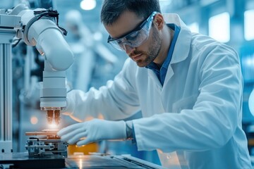 Fototapeta premium A focused engineer in protective eyewear precisely operates a robotic arm under advanced lighting, showcasing innovation in a modern laboratory setting.