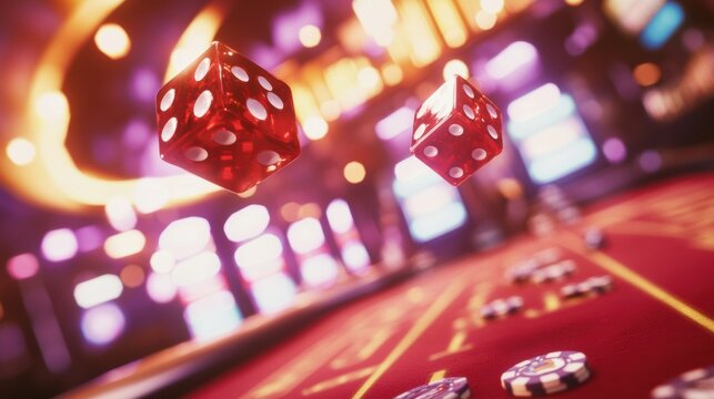 The red dice are airborne, flying over a craps table adorned with scattered poker chips in a lively casino atmosphere. Generative AI
