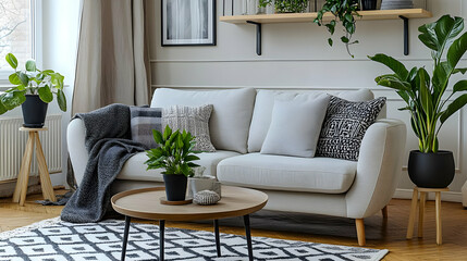 Modern Living Room Decor with White Sofa, Plants & Black and White Rug