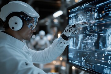 A scientist in protective gear uses a high-tech computer screen displaying complex data visualizations in a modern laboratory, demonstrating cutting-edge research methods.