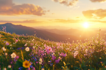 Fototapeta premium Vibrant Springtime Landscape with Blooming Flowers: A Serene and Colorful Scene Perfect for Nature-Inspired Projects