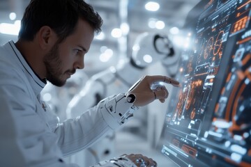 A scientist interacts with an advanced digital display in a technological environment filled with robotic elements and modern engineering advancements.