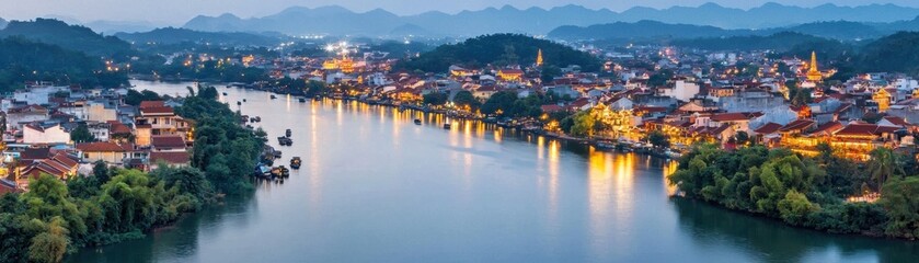 Fototapeta premium Stunning panoramic view of a vibrant riverside city at twilight, showcasing illuminated buildings and lush greenery along the serene waterway.