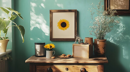 Rustic Home Decor with Sunflowers, Wooden Frames, and Plants