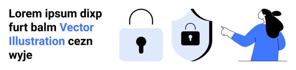 A person in a blue top pointing at a padlock and a shield with a lock. Ideal for cybersecurity, online safety, privacy protection, data security, digital security. Landing page