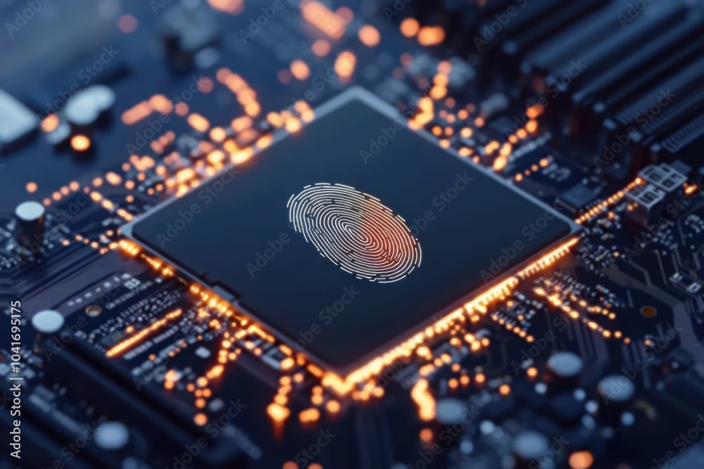 Poster close-up of a microchip featuring a fingerprint design, symbolizing security and technology integrat