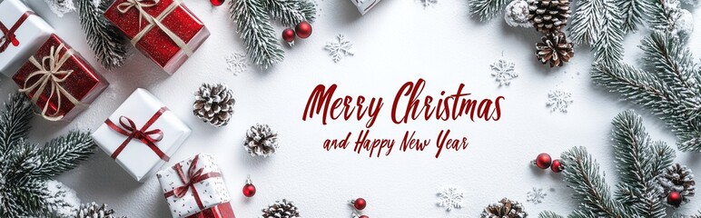 A white background with "Merry Christmas and Happy New Year" lettering in red, surrounded by gifts and pine branches.