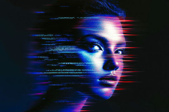A digital portrait featuring glitch art with vibrant colors and distorted imagery, creating a futuristic impression.