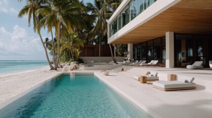 Fototapeta premium Luxuriöses Strandresort mit Pool-Lounge und atemberaubendem Meerblick für Reisen und Gastfreundschaft