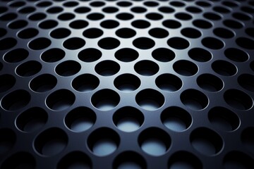 Naklejka premium Close-up of a modern metal grid with circular perforations, showcasing intricate design and texture in a sleek black finish.