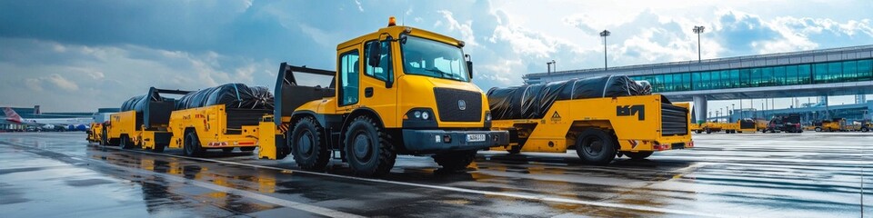 Obraz premium Tow tractor pulling luggage carts at airport apron