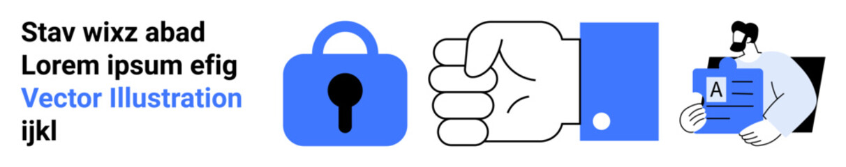 Three icons a locked padlock, a clenched hand holding something, and a person presenting an ID card. Ideal for digital security, data protection, user information, access control, authentication