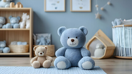 Cozy Nursery with Stuffed Teddy Bears and Wooden Shelf