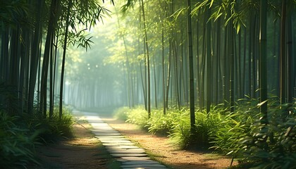 Obraz premium Serene pathway through a lush bamboo forest a tranquil journey into nature’s embrace and the beauty of greenery awaits you inviting reflection and peace
