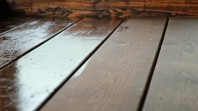 Close-up of oiled and unfinished wood floor in brown color. Wood plank impregnation. Oil coating of a board. Fresh layer. Construction work. Matte and glossy surface. Natural wooden materials. 4K