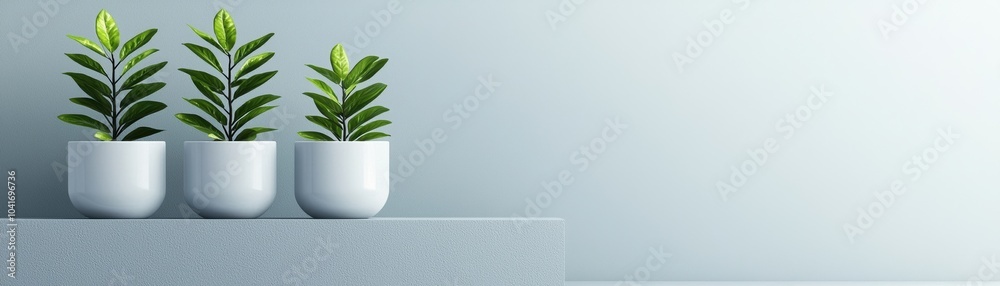 Wall mural A serene composition of three potted plants on a minimalist shelf, showcasing vibrant green leaves against a soft, neutral background.