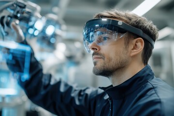 A male technician in a laboratory setting uses a high-tech augmented reality headset to fine-tune a virtual interface display, showcasing technological precision and focus.