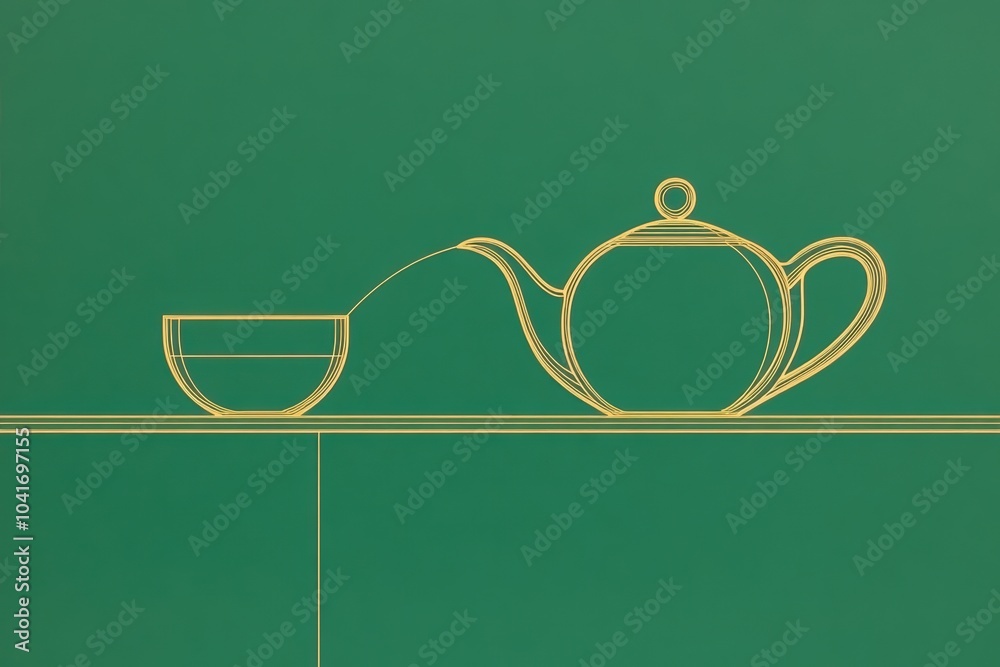 Poster The illustration features a simple line drawing of a teapot pouring into a cup, set against a calming green backdrop, creating a relaxing atmosphere. Generative AI