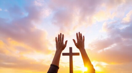 A serene image of raised hands in worship against a vibrant sunset, featuring a silhouette of a cross, symbolizing faith and spirituality.