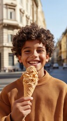 Fr&ouml;hliches Kind mit Eis an einem sonnigen Tag in Italien &ndash; perfekt f&uuml;r Reise- und Lifestyle-Inhalte