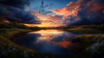 Naklejka premium Dramatic sunset over a calm lake, with clouds reflecting in the water.