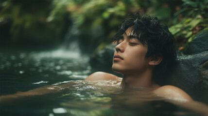 Fototapeta premium 森林に囲まれた温泉に浸かる男性
