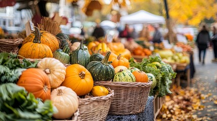 Autumn Harvest: Colorful Pumpkins and Gourds at a Farmer's Market