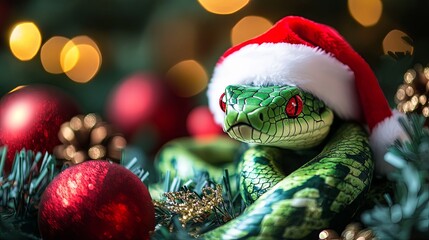 Obraz premium Green Snake Wearing Santa Hat on Christmas Tree