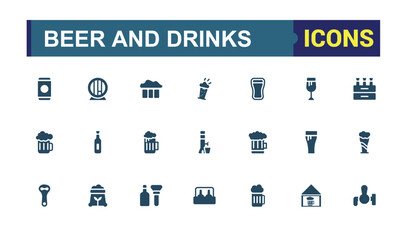 Beer and drinks solid style icons collection. Related to pint, brewery, keg, tap, foam, hops, beer glass, pub, bottle. Editable filled icon set. Pixel perfect.