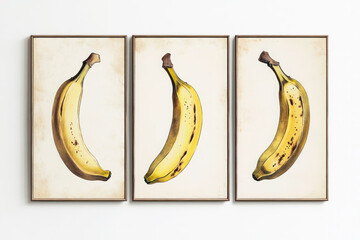 Oil paintings artwork, floral spring summer triptych, banana fruit