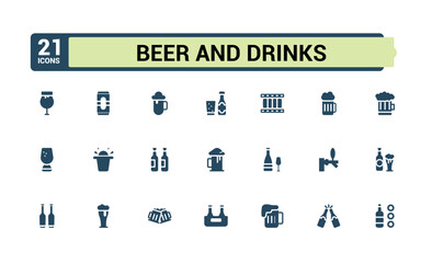 Beer and drinks solid style icons collection. Related to pint, brewery, keg, tap, foam, hops, beer glass, pub, bottle. Editable filled icon set. Pixel perfect.