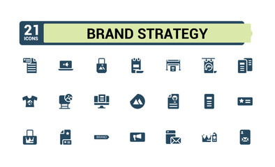 Set of Brand strategy solid icons. Containing logo design, marketing, advertising, business card, promotion. Filled icon collection. Pixel perfect vector illustration.