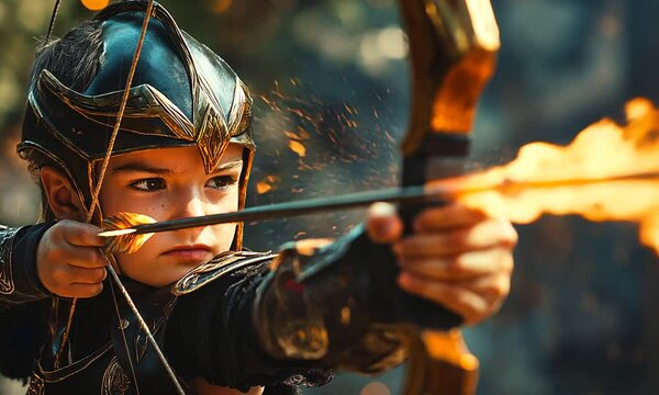A Young Archer Aiming a Flaming Arrow