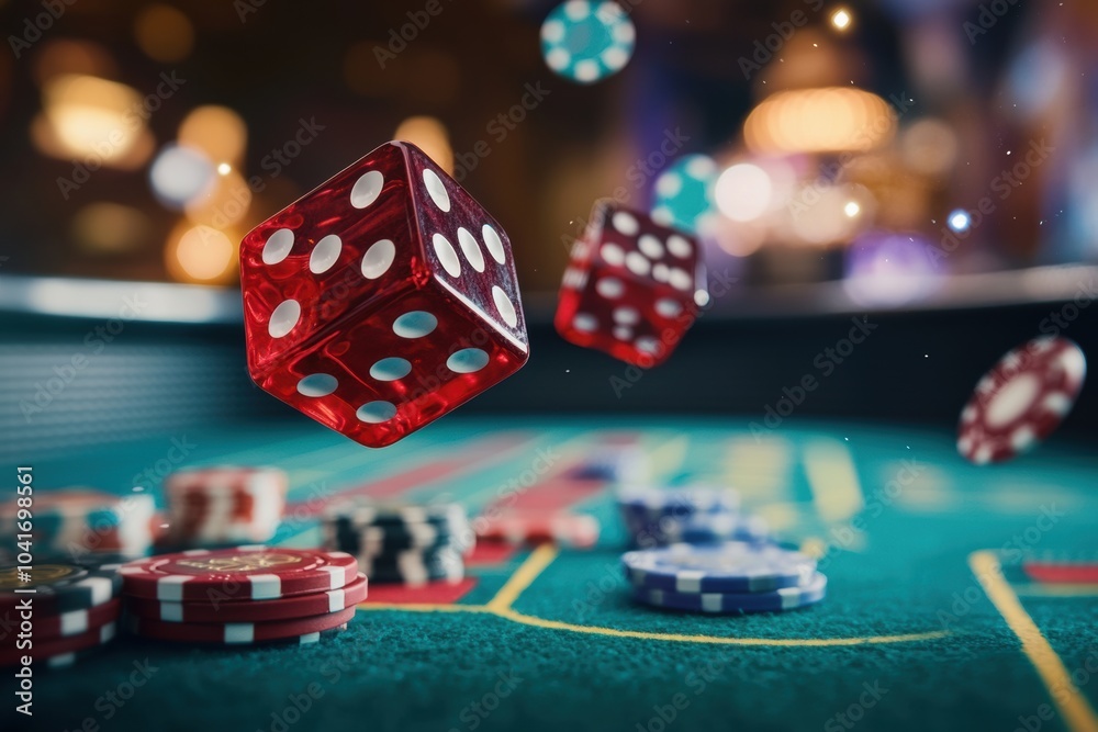 Poster Red dice are flying mid-air above a craps table, surrounded by colorful chips and illuminated by the lively ambiance of the casino. Generative AI