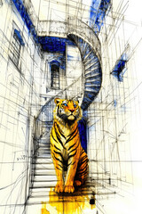 Tiger in an Abstract Urban Staircase with Sketched Architecture - Phone Wallpaper
