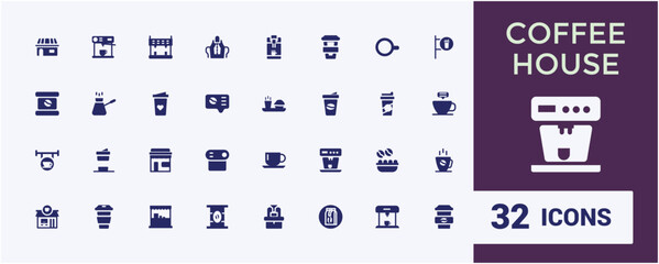 Coffee house icons collection. Related to cafe, coffee shop, coffee cup, barista, latte, and roasting. Minimal filled icon set. Editable and pixel perfect symbol.